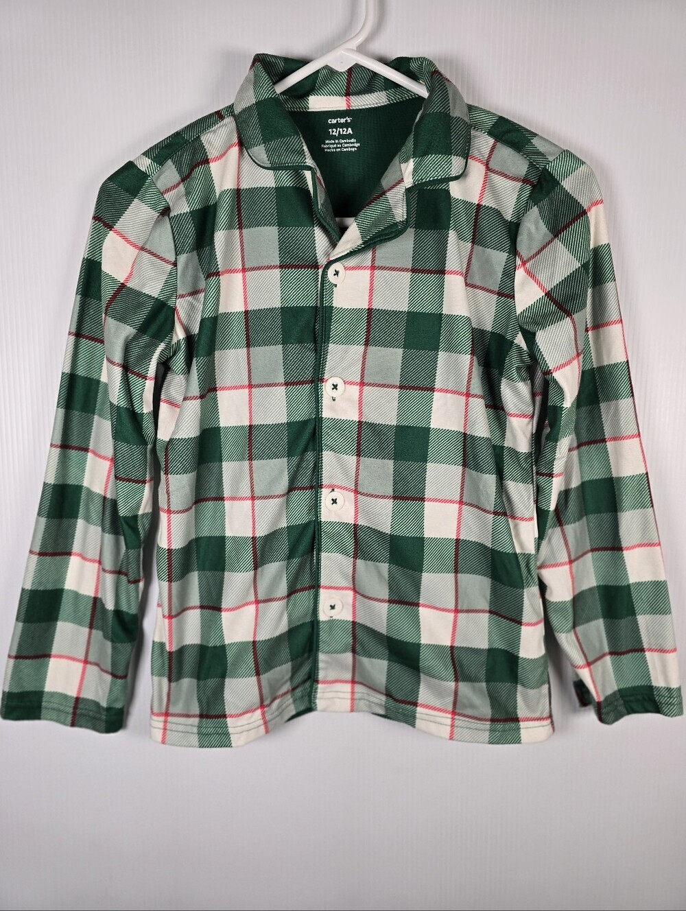 NWOT Carter's Green, Red and‎ White Plaid Button-Front Pajama Set Boys Size 12